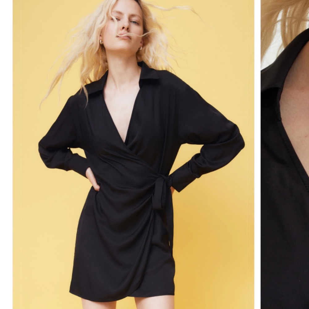 H&M Woman Black Satin Wrap Shirt Dress – Size Large